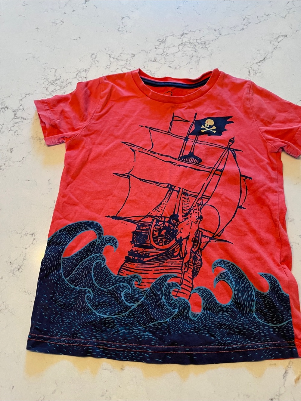 Boden Red Tee with Navy Pirate Ship and Waves